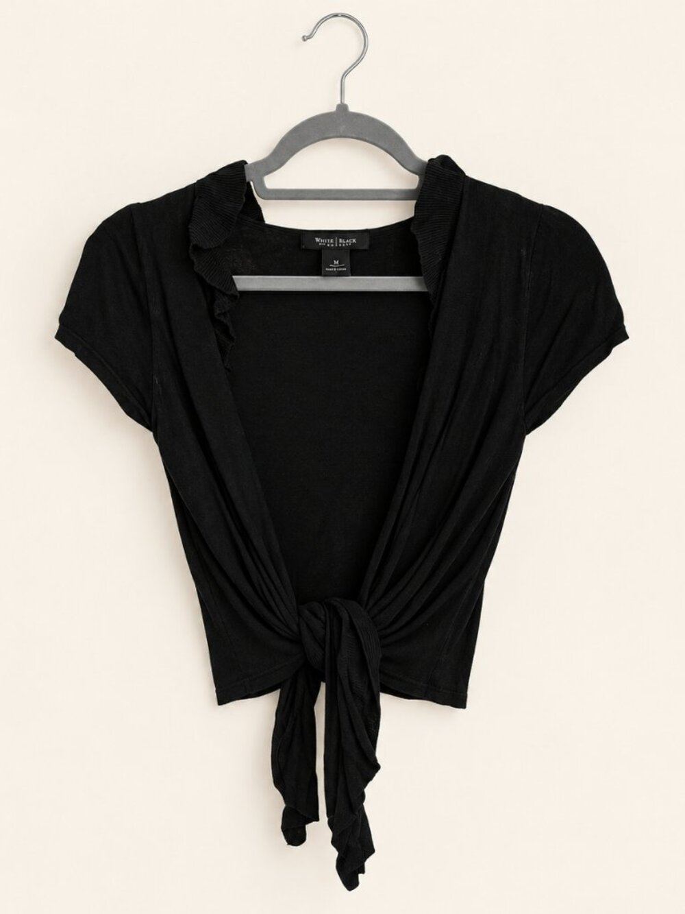 White House Black Market Black Ruffle Tie Front Short Sleeve Cardigan M